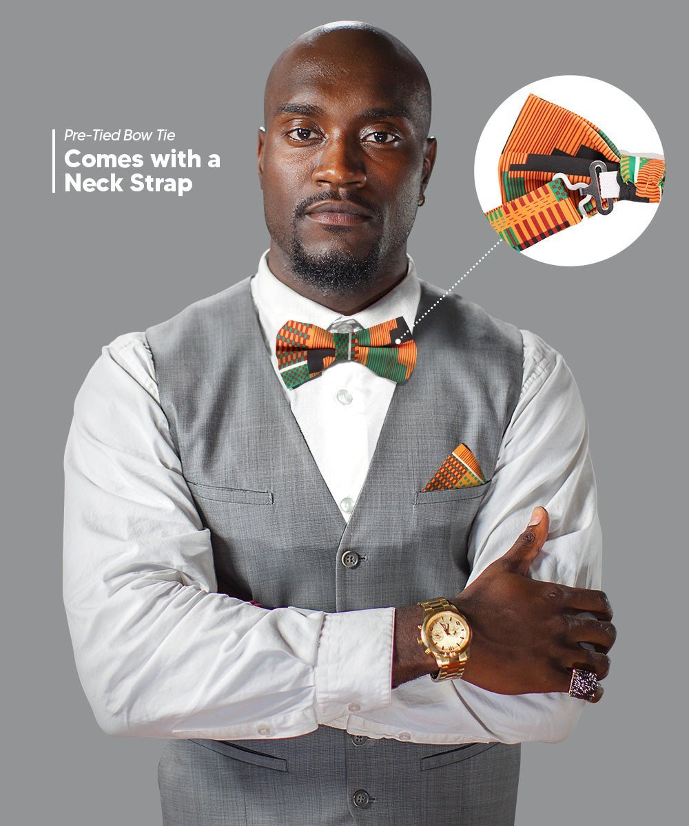 Vittorio Farina Men's Kente Satin Bow Tie & Pocket Square in Gift Box - Kente 3 - Bow Tie & Pocket Square - Vittorio Farina