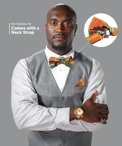 Vittorio Farina Men's Kente Satin Bow Tie & Pocket Square in Gift Box - Kente 3 - Bow Tie & Pocket Square - Vittorio Farina
