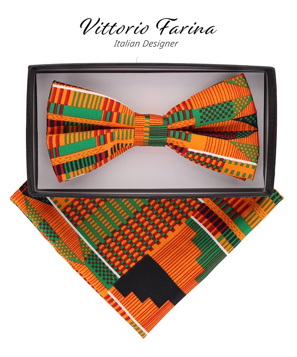 Vittorio Farina Men's Kente Satin Bow Tie & Pocket Square in Gift Box - Kente 3 - Bow Tie & Pocket Square - Vittorio Farina