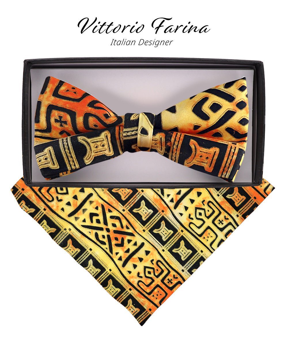 Vittorio Farina Men's Kente Satin Bow Tie & Pocket Square in Gift Box - Kente 4 - Bow Tie & Pocket Square - Vittorio Farina