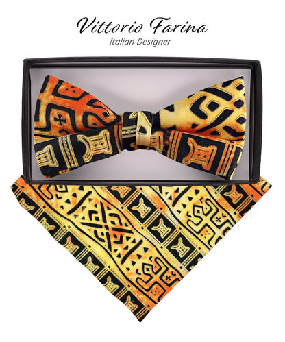Vittorio Farina Men's Kente Satin Bow Tie & Pocket Square in Gift Box - Kente 4 - Bow Tie & Pocket Square - Vittorio Farina