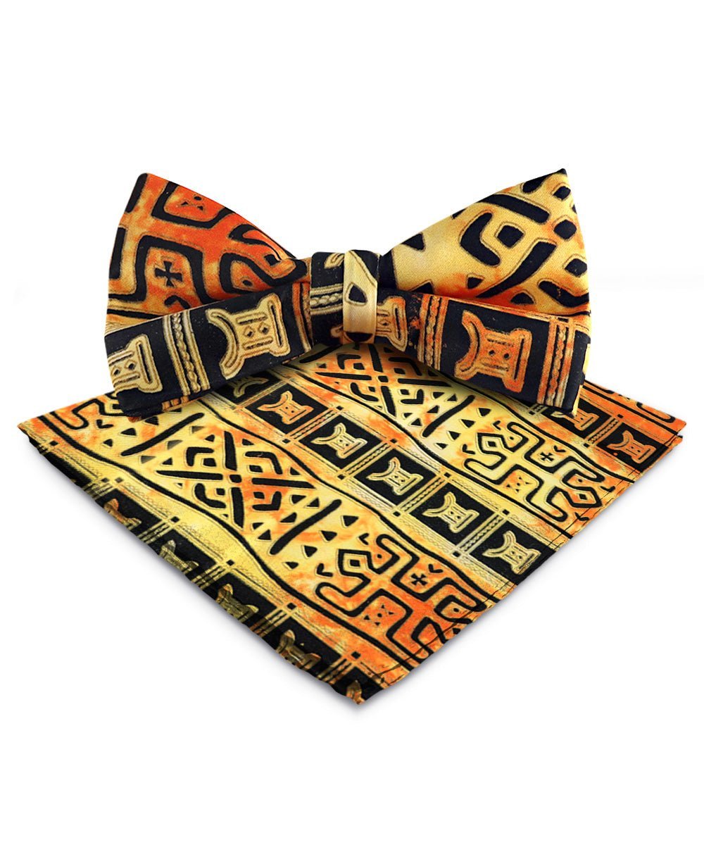 Vittorio Farina Men's Kente Satin Bow Tie & Pocket Square in Gift Box - Kente 4 - Bow Tie & Pocket Square - Vittorio Farina