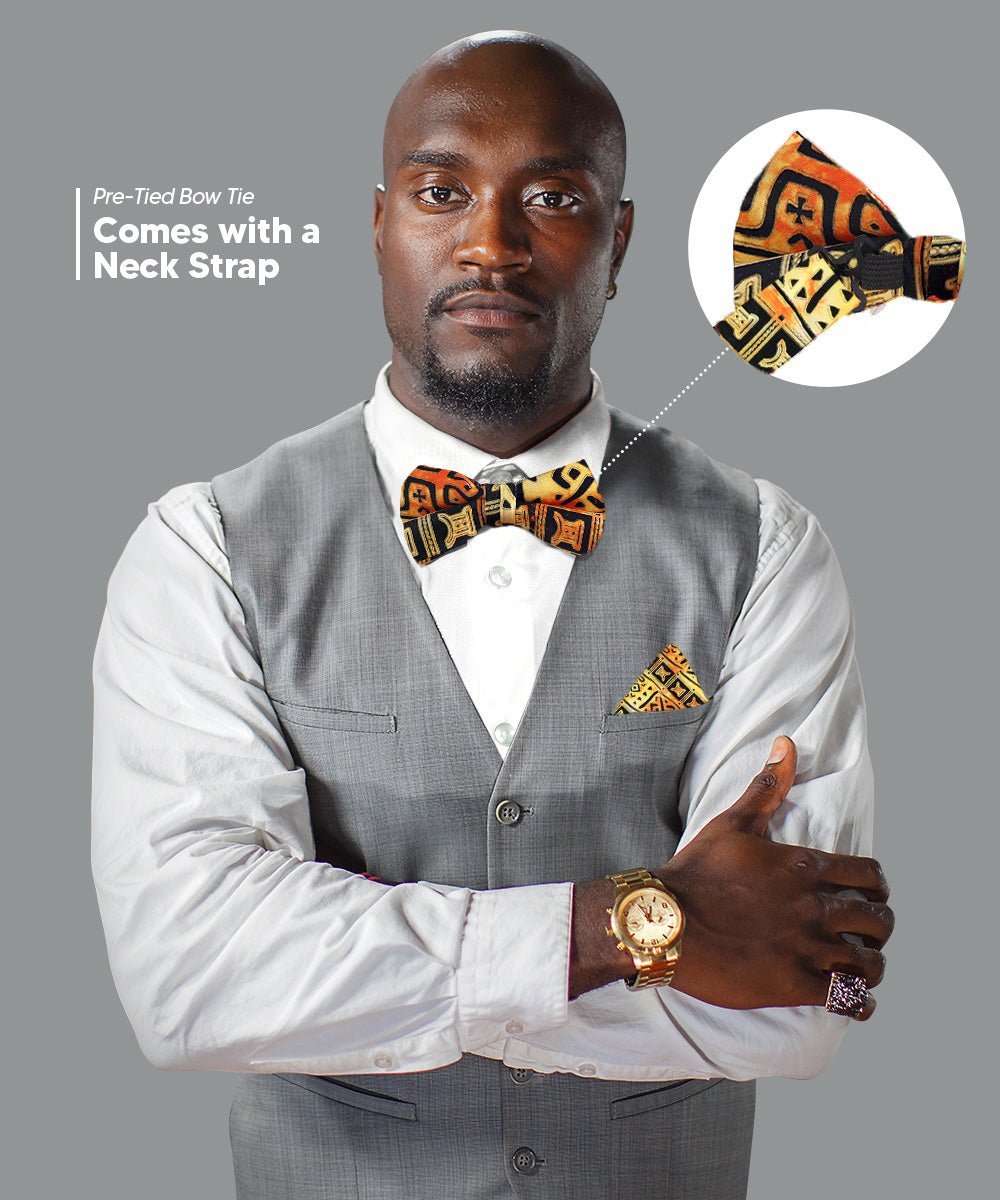 Vittorio Farina Men's Kente Satin Bow Tie & Pocket Square in Gift Box - Kente 4 - Bow Tie & Pocket Square - Vittorio Farina