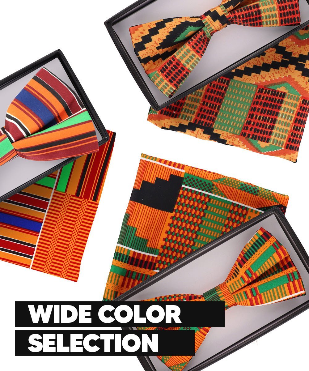 Vittorio Farina Men's Kente Satin Bow Tie & Pocket Square in Gift Box - Kente 4 - Bow Tie & Pocket Square - Vittorio Farina