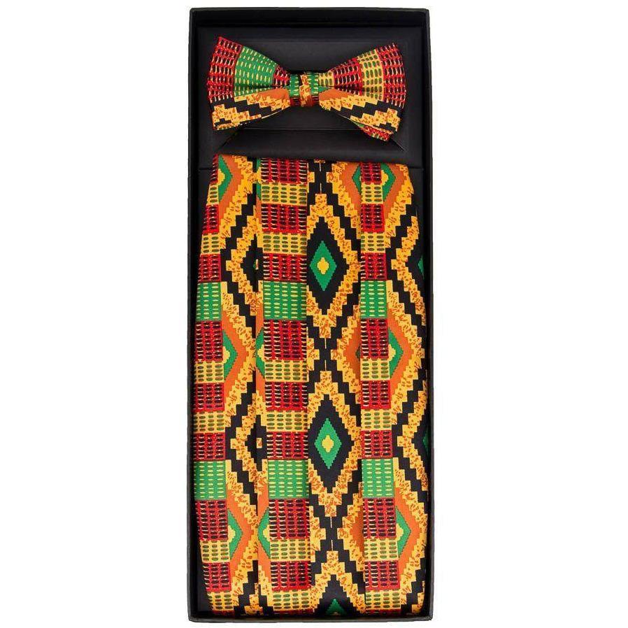 Vittorio Farina Men's Kente Satin Cummerbund, Bow Tie and Pocket Square Set in Gift Box - Kente 2 - Cummerbund & Bowtie Set - Vittorio Farina