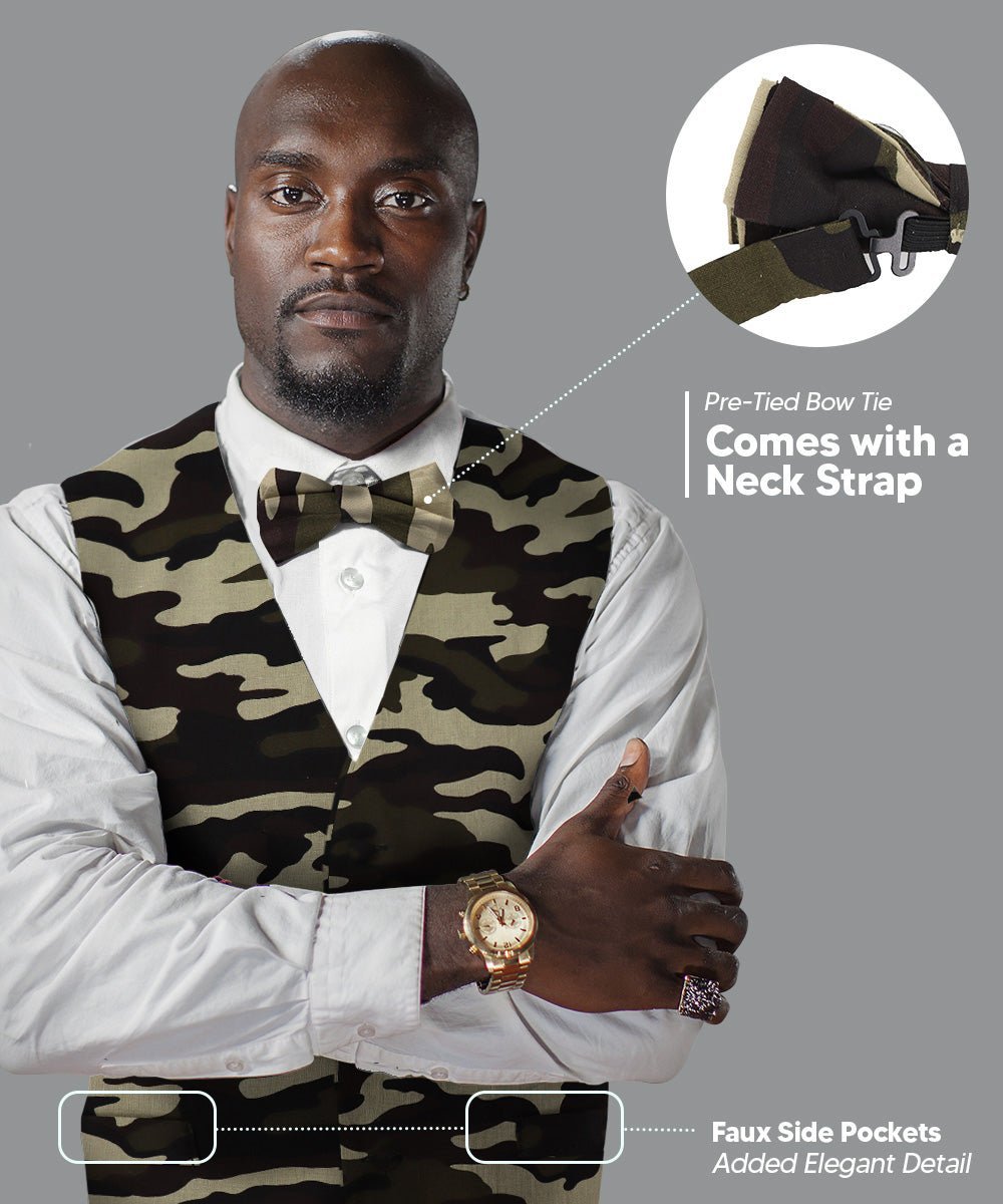 Vittorio Farina Men's Kente Satin Vest and Bow Tie Set - Camouflage - Vest Set - Vittorio Farina
