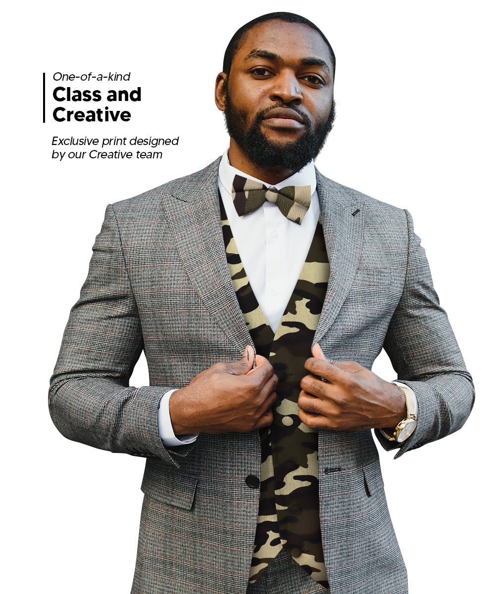 Vittorio Farina Men's Kente Satin Vest and Bow Tie Set - Camouflage - Vest Set - Vittorio Farina