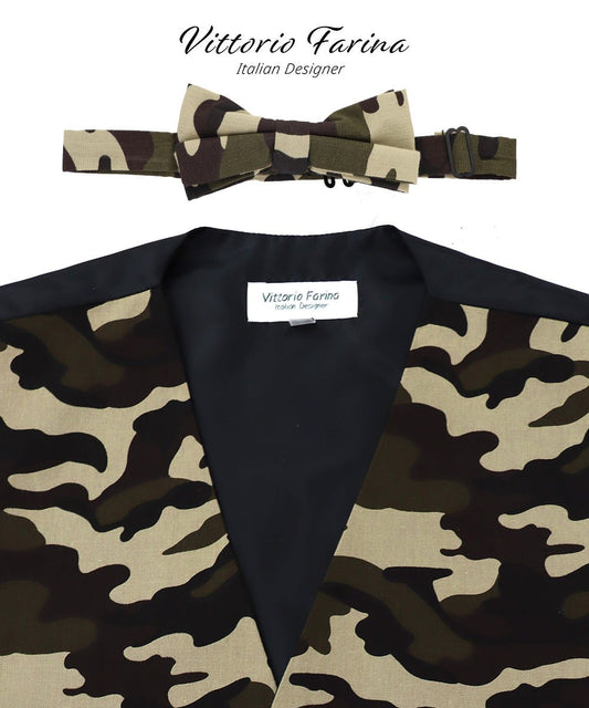 Vittorio Farina Men's Kente Satin Vest and Bow Tie Set - Camouflage - Vest Set - Vittorio Farina