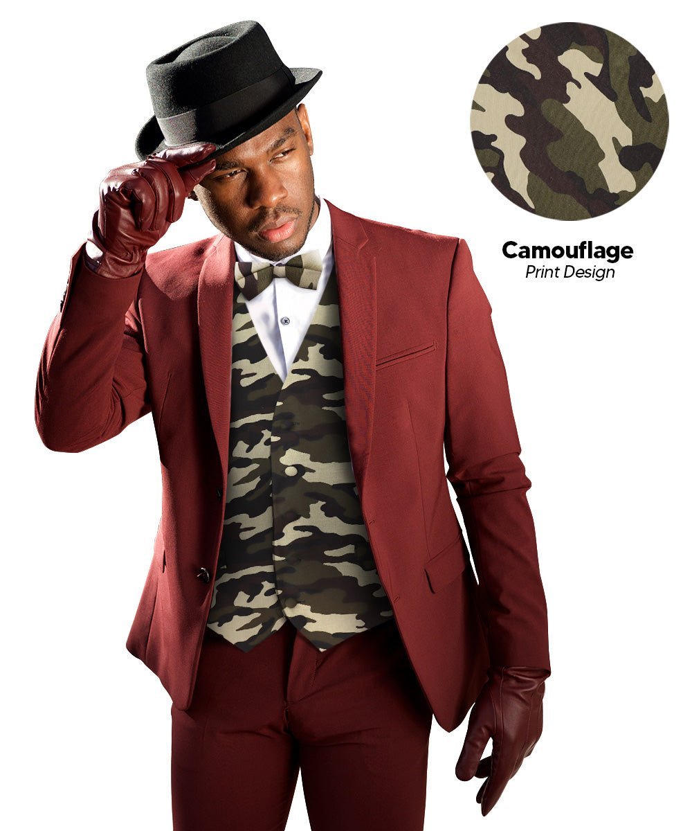 Vittorio Farina Men's Kente Satin Vest and Bow Tie Set - Camouflage - Vest Set - Vittorio Farina