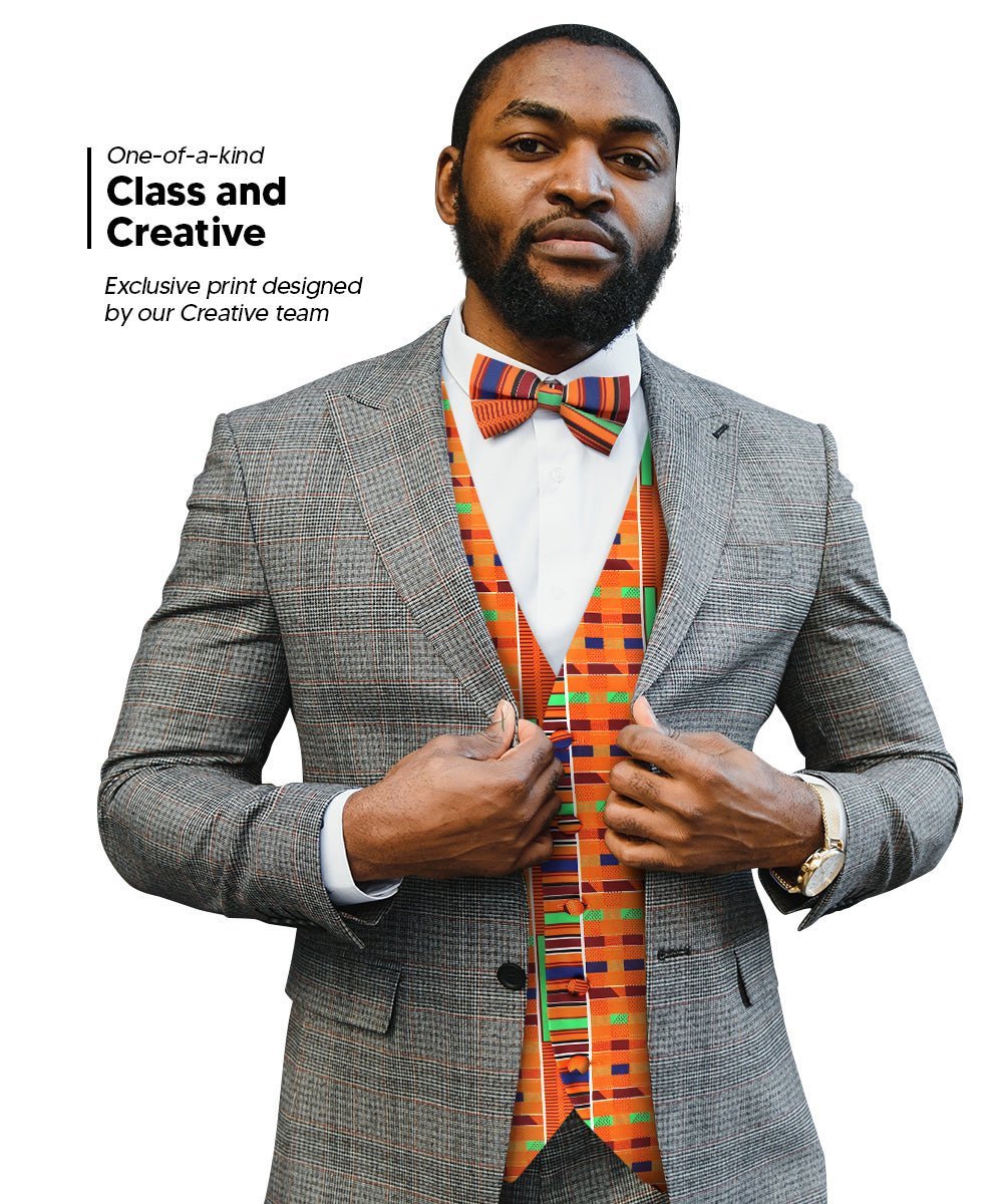 Vittorio Farina Men's Kente Satin Vest and Bow Tie Set - Kente 1 - Vest Set - Vittorio Farina