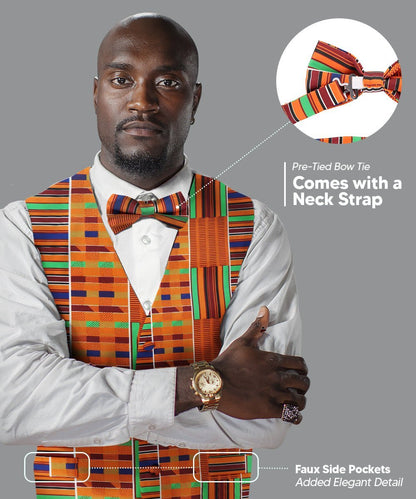 Vittorio Farina Men's Kente Satin Vest and Bow Tie Set - Kente 1 - Vest Set - Vittorio Farina
