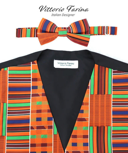 Vittorio Farina Men's Kente Satin Vest and Bow Tie Set - Kente 1 - Vest Set - Vittorio Farina