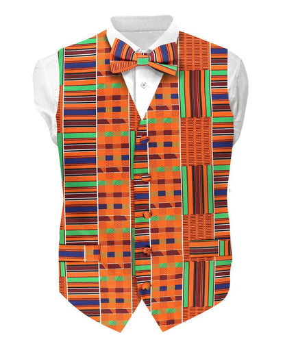 Vittorio Farina Men's Kente Satin Vest and Bow Tie Set - Kente 1 - Vest Set - Vittorio Farina