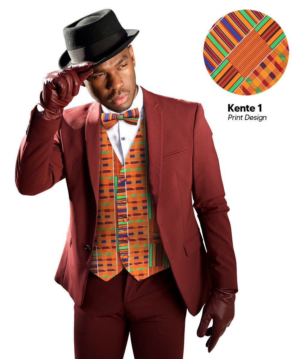Vittorio Farina Men's Kente Satin Vest and Bow Tie Set - Kente 1 - Vest Set - Vittorio Farina