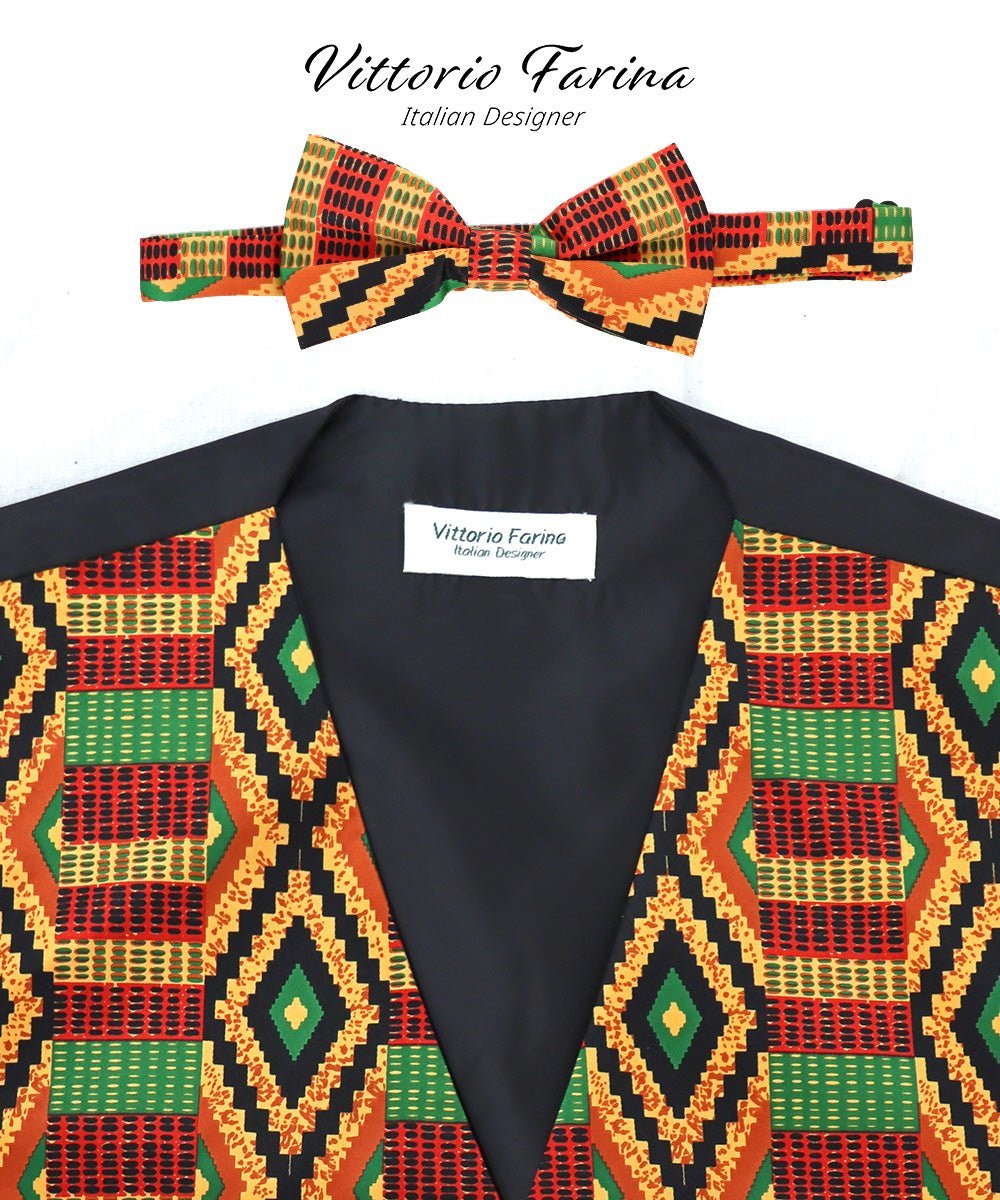 Vittorio Farina Men's Kente Satin Vest and Bow Tie Set - Kente 2 - Vest Set - Vittorio Farina