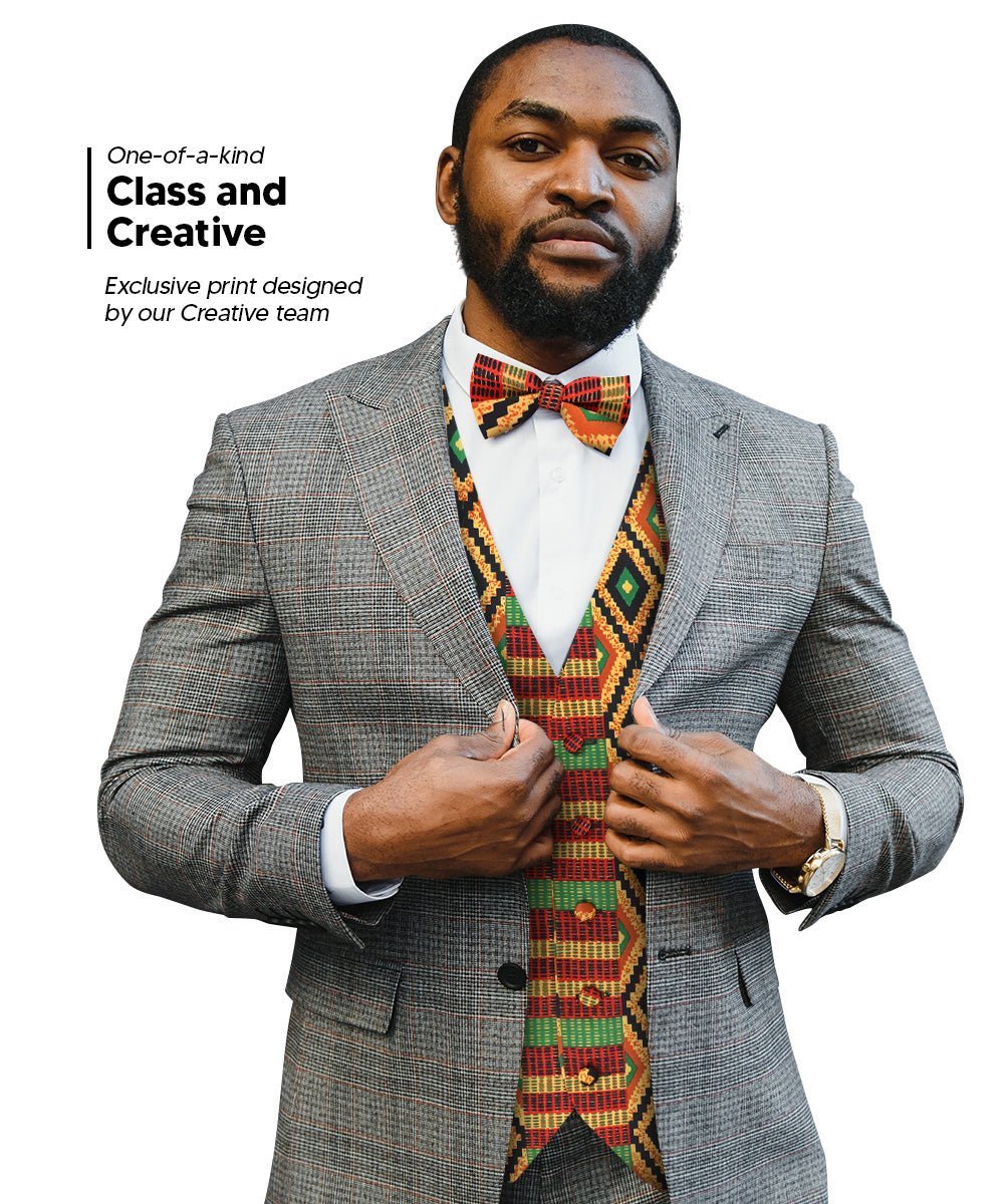 Vittorio Farina Men's Kente Satin Vest and Bow Tie Set - Kente 2 - Vest Set - Vittorio Farina