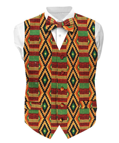 Vittorio Farina Men's Kente Satin Vest and Bow Tie Set - Kente 2 - Vest Set - Vittorio Farina