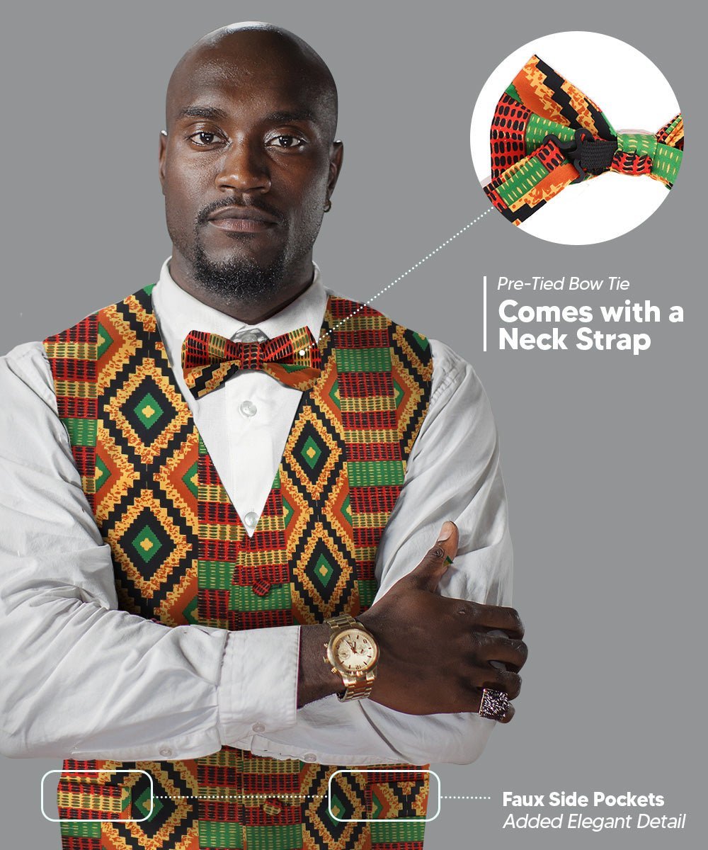 Vittorio Farina Men's Kente Satin Vest and Bow Tie Set - Kente 2 - Vest Set - Vittorio Farina