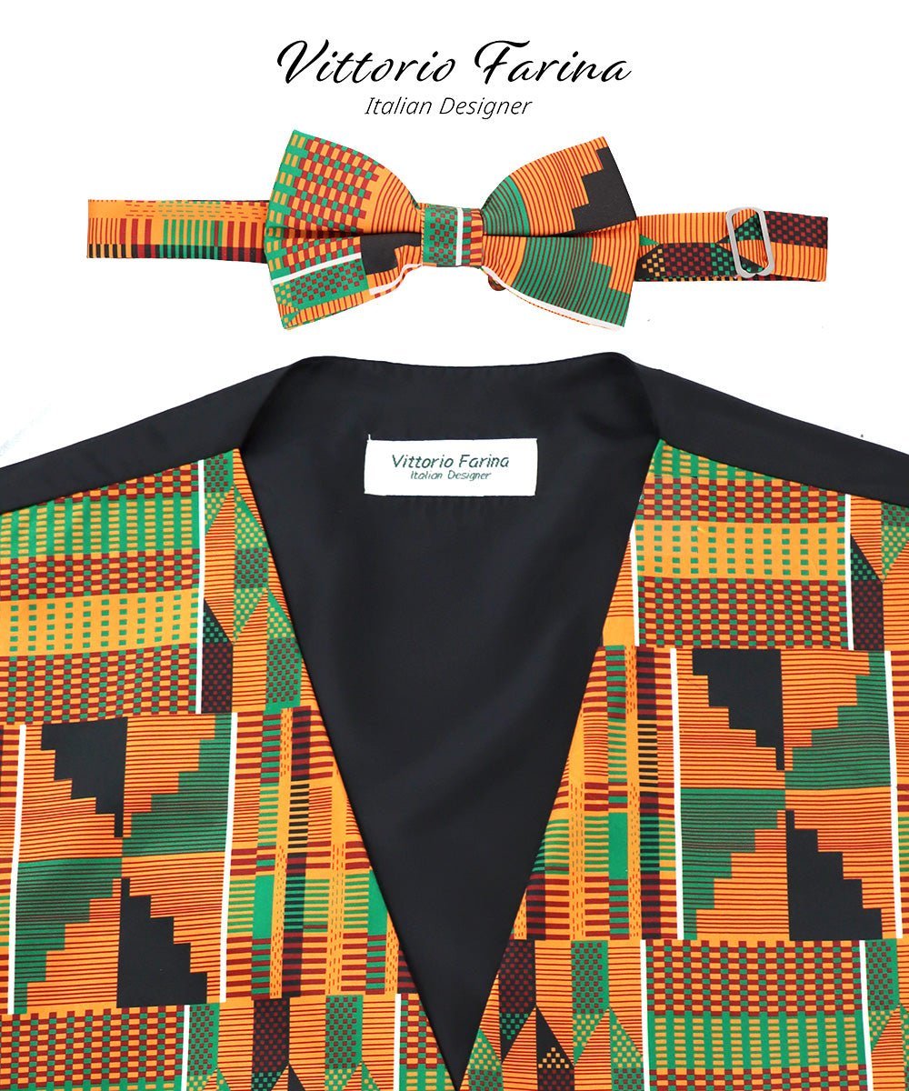 Vittorio Farina Men's Kente Satin Vest and Bow Tie Set - Kente 3 - Vest Set - Vittorio Farina