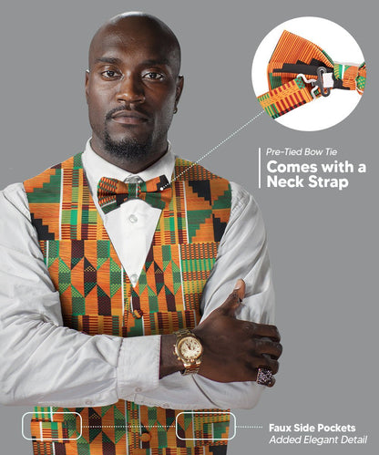 Vittorio Farina Men's Kente Satin Vest and Bow Tie Set - Kente 3 - Vest Set - Vittorio Farina