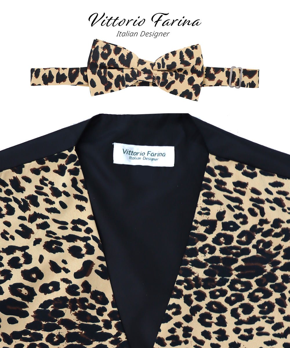 Vittorio Farina Men's Kente Satin Vest and Bow Tie Set - Leopard - Vest Set - Vittorio Farina