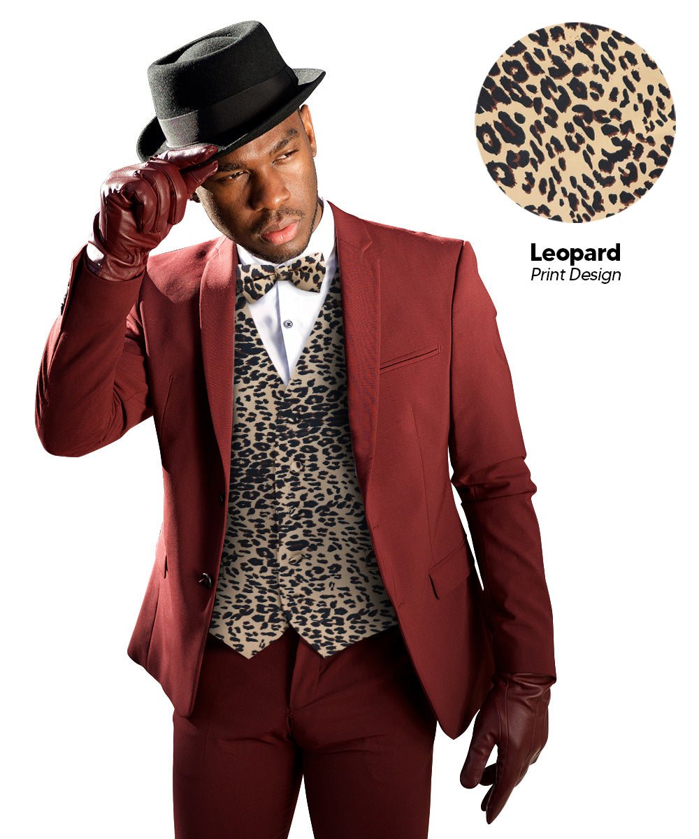 Vittorio Farina Men's Kente Satin Vest and Bow Tie Set - Leopard - Vest Set - Vittorio Farina