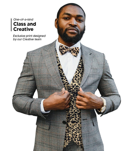 Vittorio Farina Men's Kente Satin Vest and Bow Tie Set - Leopard - Vest Set - Vittorio Farina