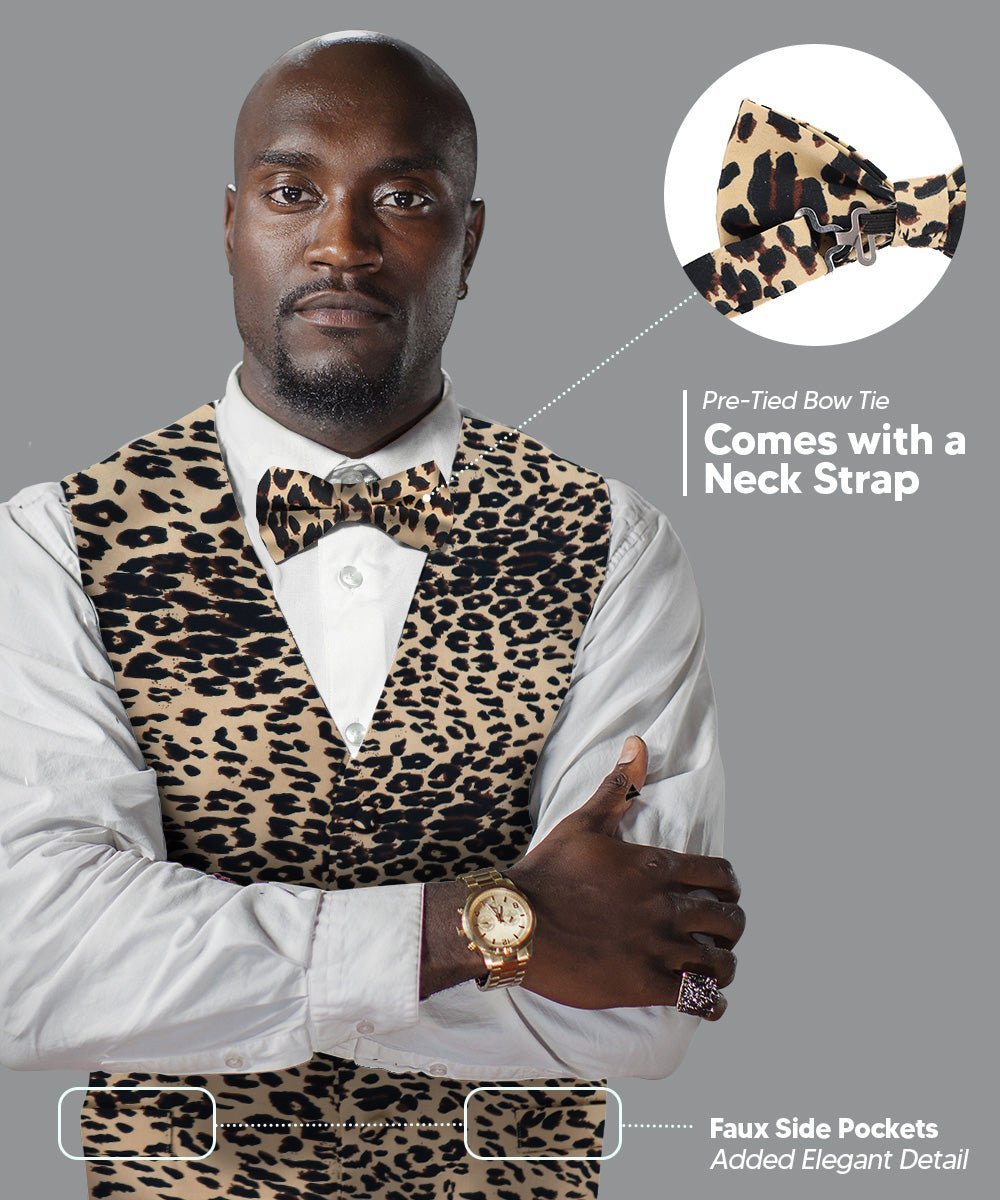 Vittorio Farina Men's Kente Satin Vest and Bow Tie Set - Leopard - Vest Set - Vittorio Farina