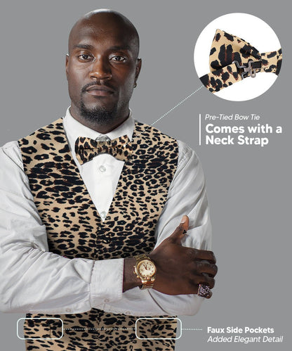 Vittorio Farina Men's Kente Satin Vest and Bow Tie Set - Leopard - Vest Set - Vittorio Farina