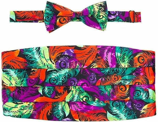 Vittorio Farina Men's Mardi Gras Cummerbund, Bow Tie and Pocket Square Set - Mardi 3: Vibrant Feather - Cummerbund & Bowtie Set - Vittorio Farina