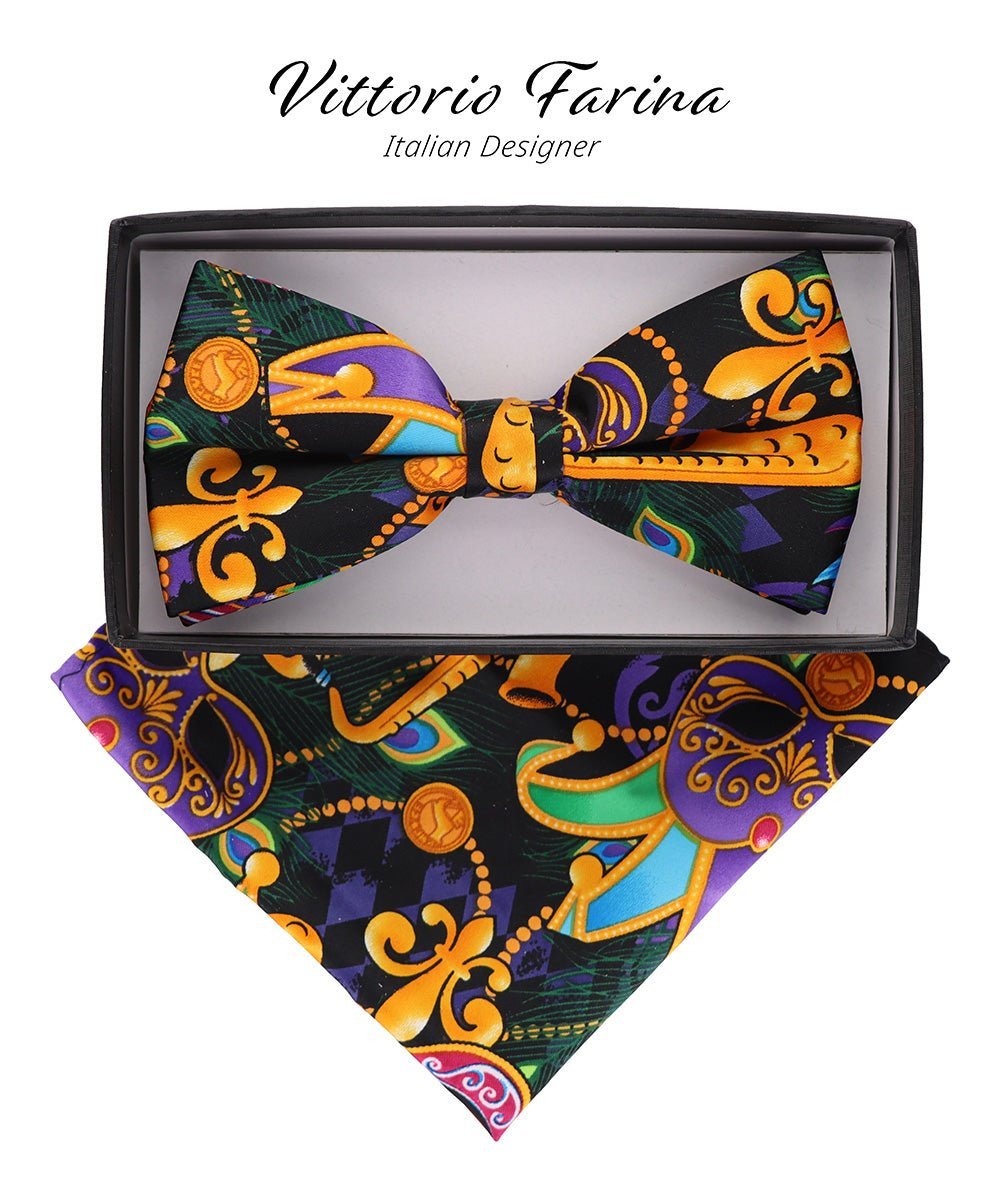 Vittorio Farina Men's Mardi Gras Satin Bow Tie & Pocket Square in Gift Box - Mardi 1: Vibrant Masquerade Mask - Bow Tie & Pocket Square - Vittorio Farina