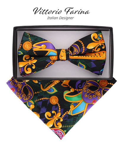 Vittorio Farina Men's Mardi Gras Satin Bow Tie & Pocket Square in Gift Box - Mardi 1: Vibrant Masquerade Mask - Bow Tie & Pocket Square - Vittorio Farina