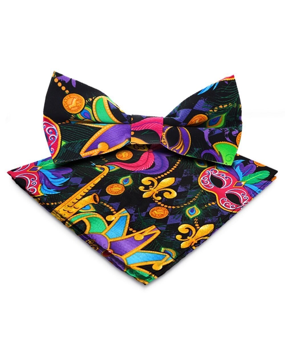 Vittorio Farina Men's Mardi Gras Satin Bow Tie & Pocket Square in Gift Box - Mardi 1: Vibrant Masquerade Mask - Bow Tie & Pocket Square - Vittorio Farina