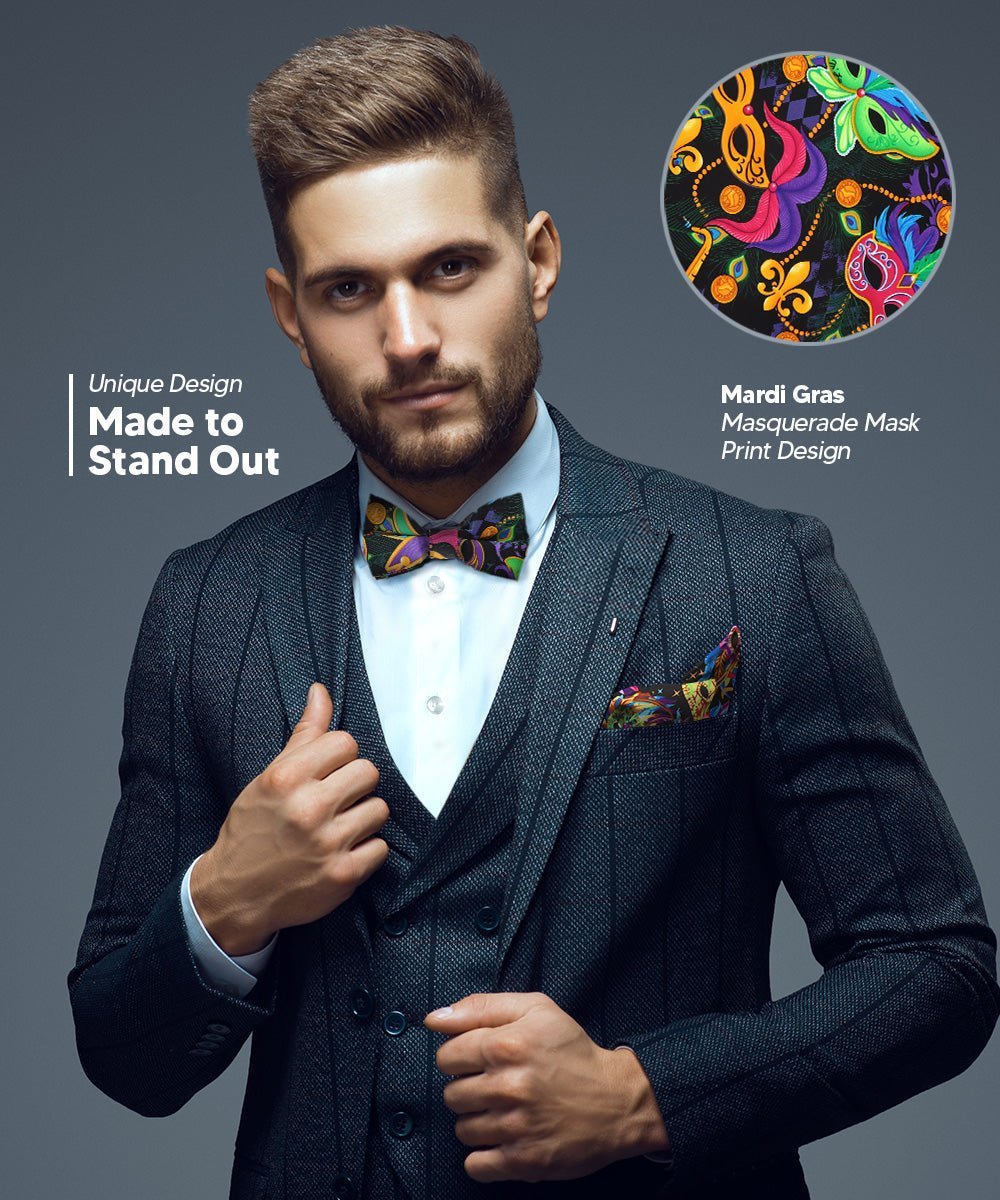 Vittorio Farina Men's Mardi Gras Satin Bow Tie & Pocket Square in Gift Box - Mardi Original: Vibrant Party Mask - Bow Tie & Pocket Square - Vittorio Farina