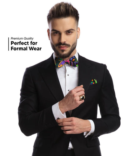Vittorio Farina Men's Mardi Gras Satin Bow Tie & Pocket Square in Gift Box - Mardi Original: Vibrant Party Mask - Bow Tie & Pocket Square - Vittorio Farina