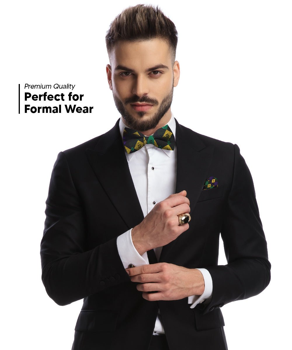 Vittorio Farina Men's Mardi Gras Satin Bow Tie & Pocket Square in Gift Box - Mardi 2: Metallic Harlequin - Bow Tie & Pocket Square - Vittorio Farina