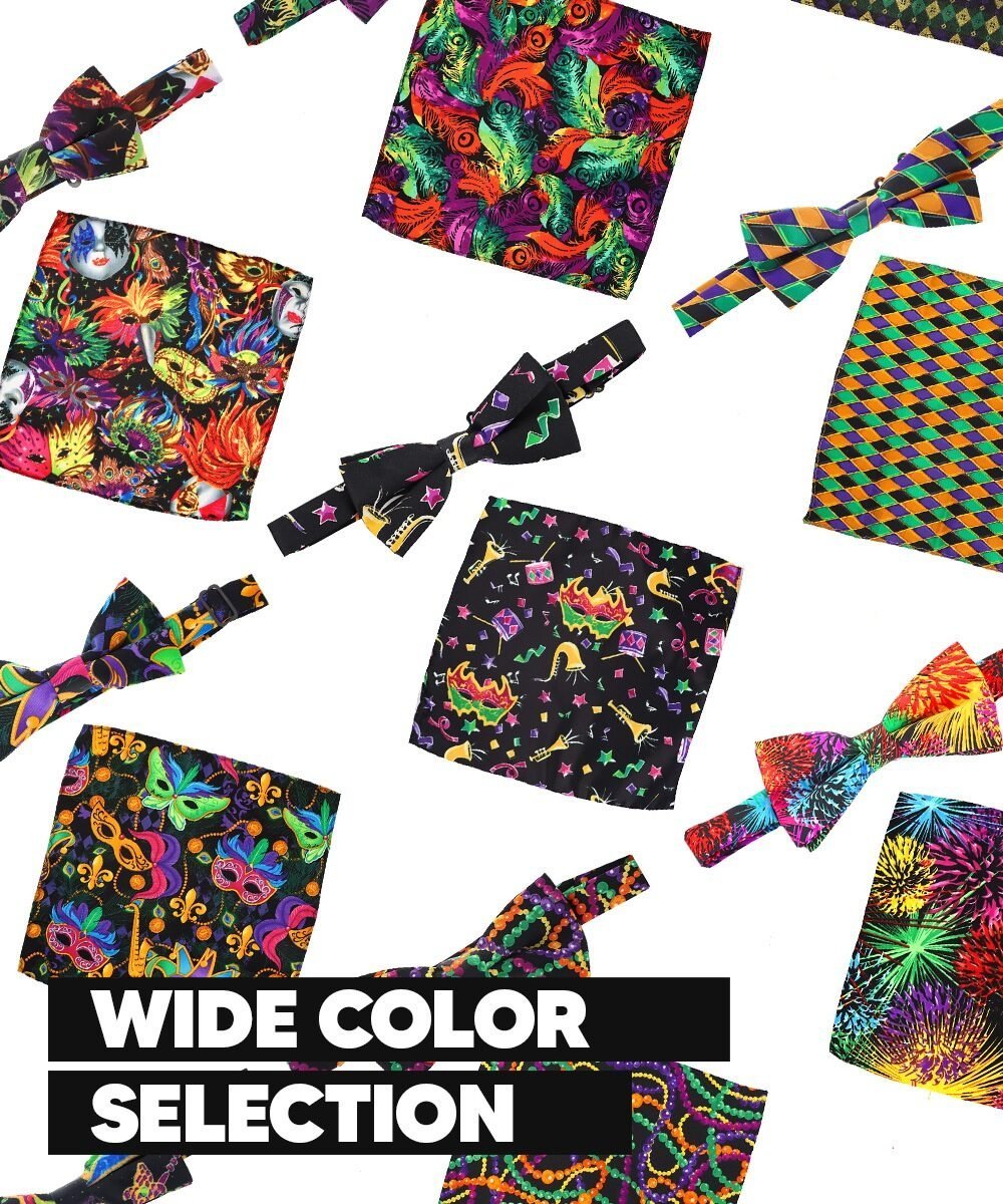 Vittorio Farina Men's Mardi Gras Satin Bow Tie & Pocket Square in Gift Box - Mardi Original: Vibrant Party Mask - Bow Tie & Pocket Square - Vittorio Farina