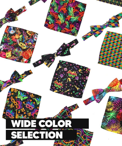 Vittorio Farina Men's Mardi Gras Satin Bow Tie & Pocket Square in Gift Box - Mardi Original: Vibrant Party Mask - Bow Tie & Pocket Square - Vittorio Farina