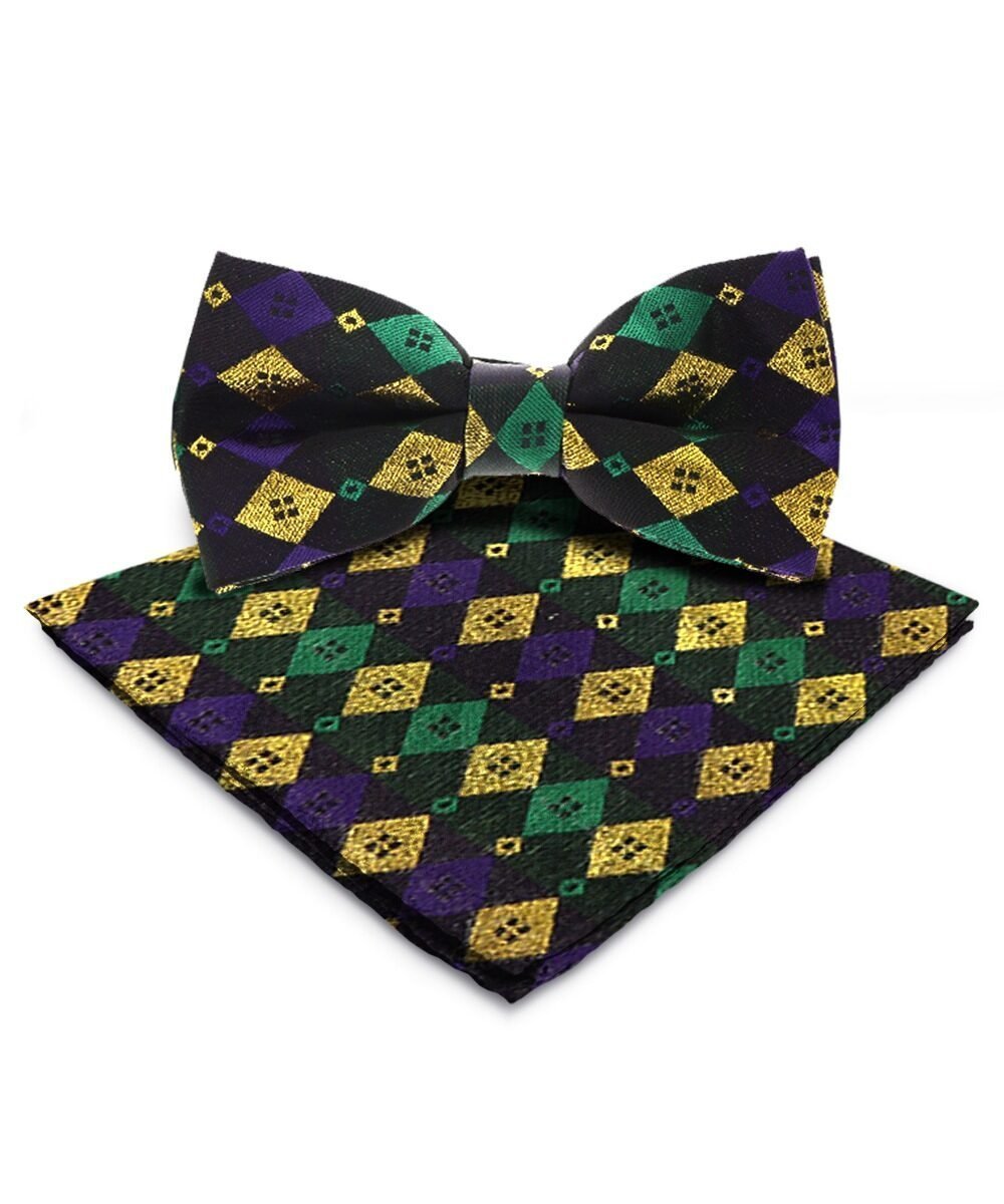 Vittorio Farina Men's Mardi Gras Satin Bow Tie & Pocket Square in Gift Box - Mardi 2: Metallic Harlequin - Bow Tie & Pocket Square - Vittorio Farina