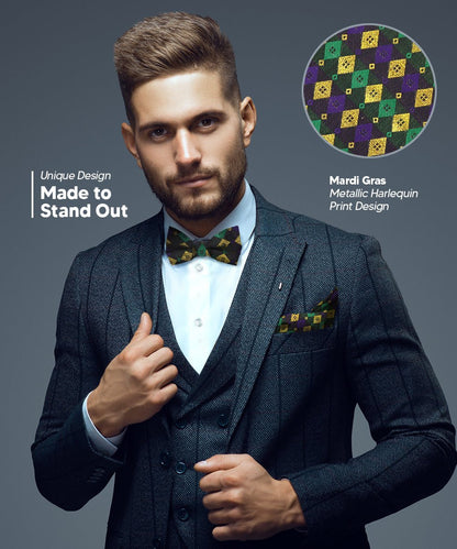 Vittorio Farina Men's Mardi Gras Satin Bow Tie & Pocket Square in Gift Box - Mardi 2: Metallic Harlequin - Bow Tie & Pocket Square - Vittorio Farina