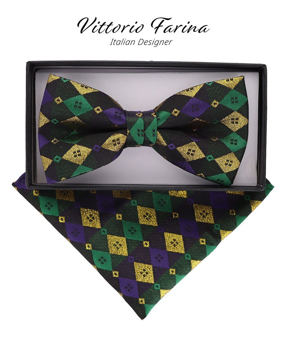 Vittorio Farina Men's Mardi Gras Satin Bow Tie & Pocket Square in Gift Box - Mardi 2: Metallic Harlequin - Bow Tie & Pocket Square - Vittorio Farina