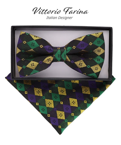 Vittorio Farina Men's Mardi Gras Satin Bow Tie & Pocket Square in Gift Box - Mardi 2: Metallic Harlequin - Bow Tie & Pocket Square - Vittorio Farina
