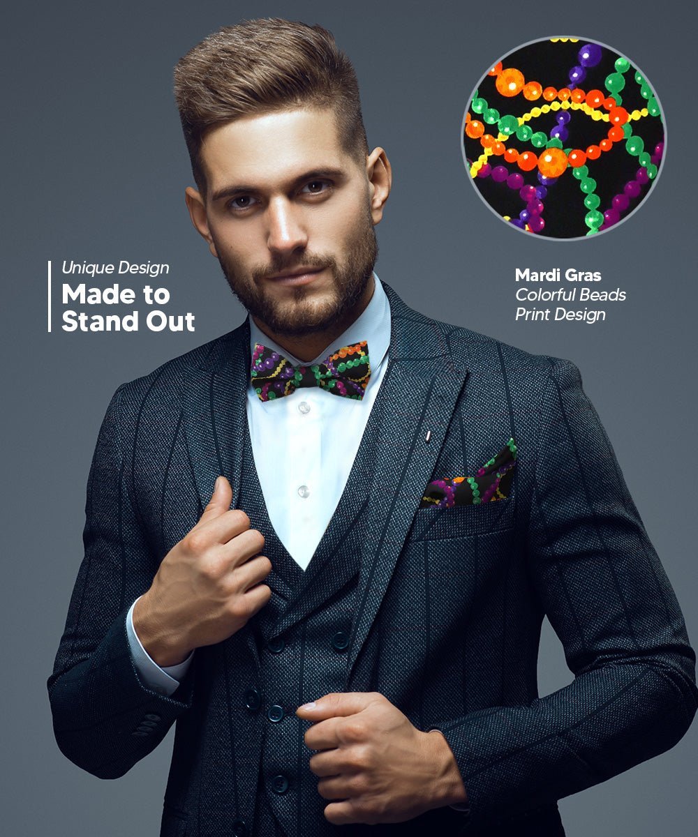Vittorio Farina Men's Mardi Gras Satin Bow Tie & Pocket Square in Gift Box - Mardi 4: Vibrant Colorful Bead - Bow Tie & Pocket Square - Vittorio Farina
