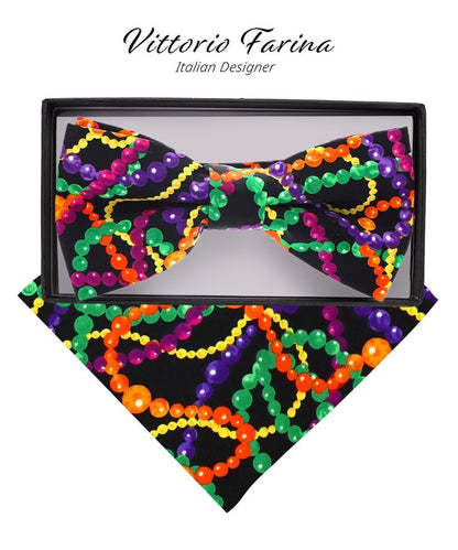Vittorio Farina Men's Mardi Gras Satin Bow Tie & Pocket Square in Gift Box - Mardi 4: Vibrant Colorful Bead - Bow Tie & Pocket Square - Vittorio Farina