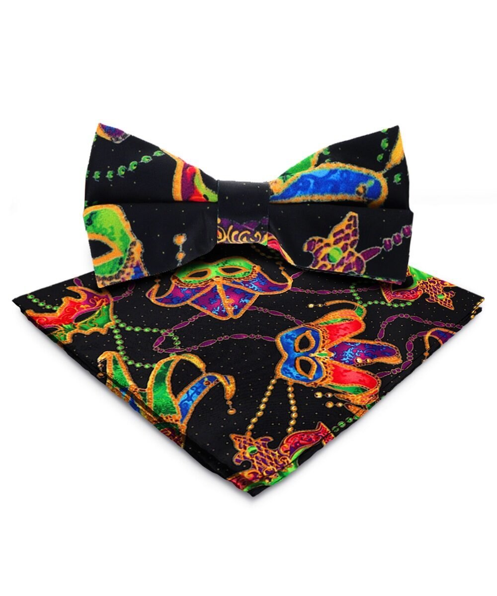 Vittorio Farina Men's Mardi Gras Satin Bow Tie & Pocket Square in Gift Box - Mardi 5: Colorful Black Mask - Bow Tie & Pocket Square - Vittorio Farina