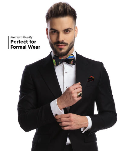 Vittorio Farina Men's Mardi Gras Satin Bow Tie & Pocket Square in Gift Box - Mardi 5: Colorful Black Mask - Bow Tie & Pocket Square - Vittorio Farina