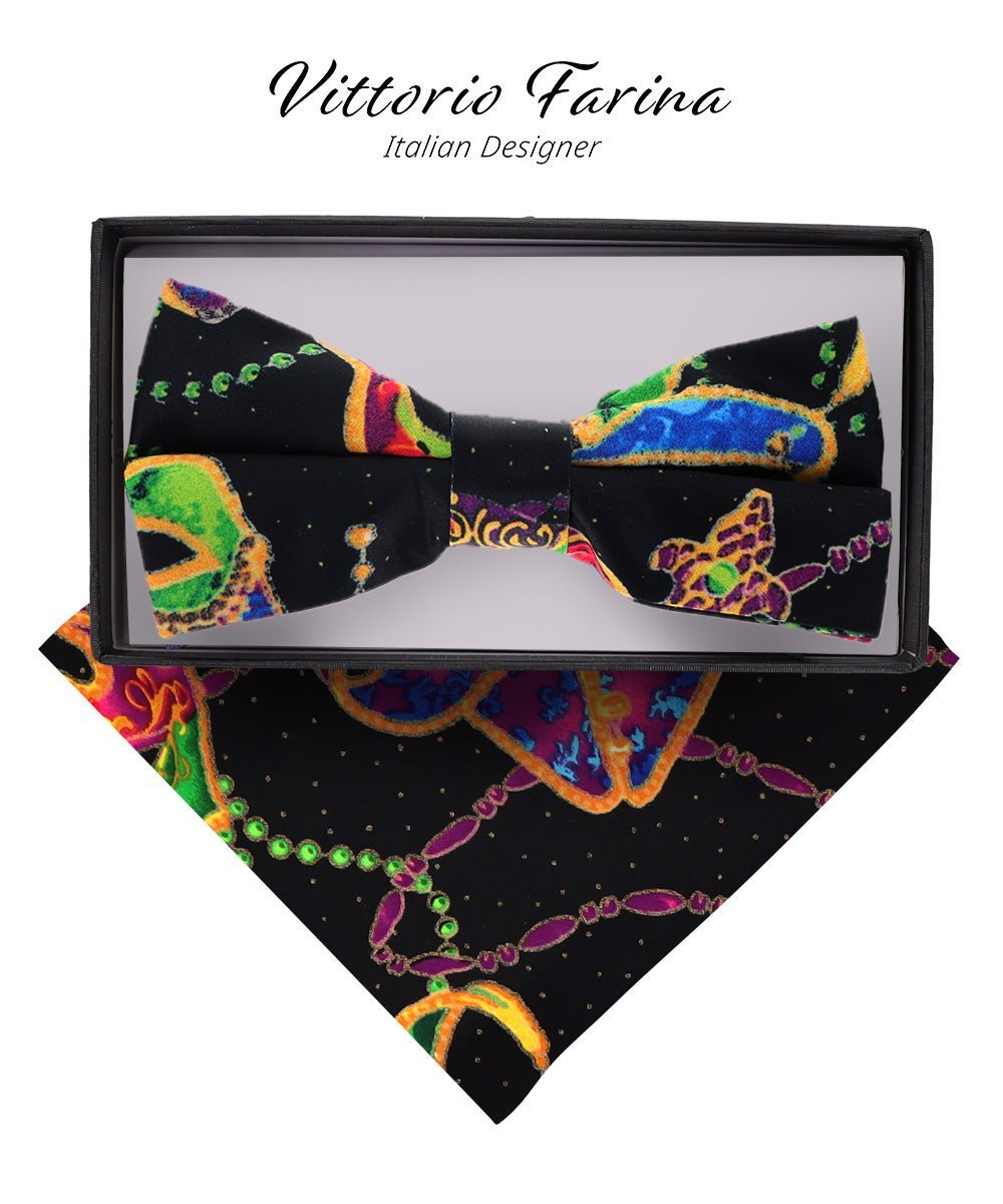 Vittorio Farina Men's Mardi Gras Satin Bow Tie & Pocket Square in Gift Box - Mardi 5: Colorful Black Mask - Bow Tie & Pocket Square - Vittorio Farina