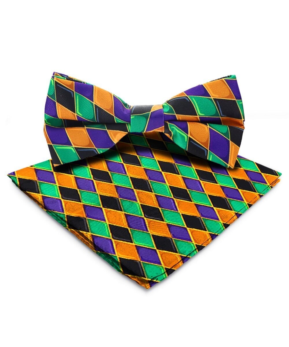 Vittorio Farina Men's Mardi Gras Satin Bow Tie & Pocket Square in Gift Box - Mardi 6: Harlequin - Bow Tie & Pocket Square - Vittorio Farina