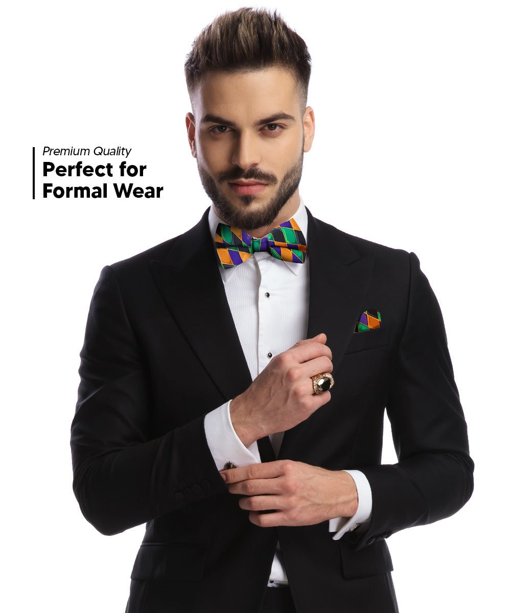 Vittorio Farina Men's Mardi Gras Satin Bow Tie & Pocket Square in Gift Box - Mardi 6: Harlequin - Bow Tie & Pocket Square - Vittorio Farina