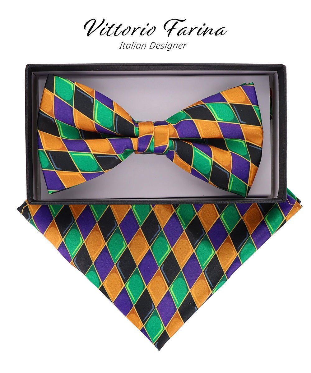 Vittorio Farina Men's Mardi Gras Satin Bow Tie & Pocket Square in Gift Box - Mardi 6: Harlequin - Bow Tie & Pocket Square - Vittorio Farina